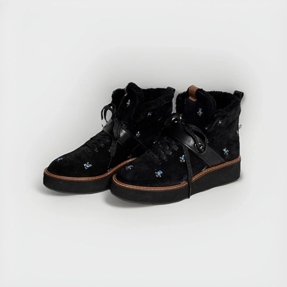 Coach City Hiker Women's 7 Floral Suede Lace Up Ankle Boots Shearling